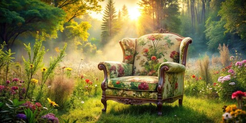 Isolated Vintage Armchair in a Dreamy Double Exposure Landscape with Nature Elements, Artistic Home Decor, Cozy Living Room Inspiration, Retro Furniture, Timeless Elegance, Serenity