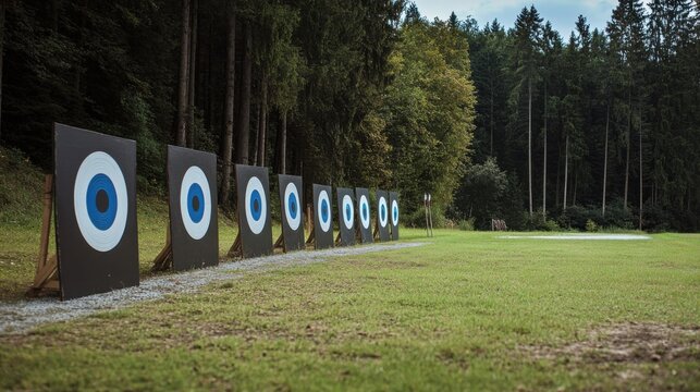 A meticulous archery range with targets lined up against a forest backdrop, Arrows poised in the quietude of a natural setting, Sporty lifestyle style
