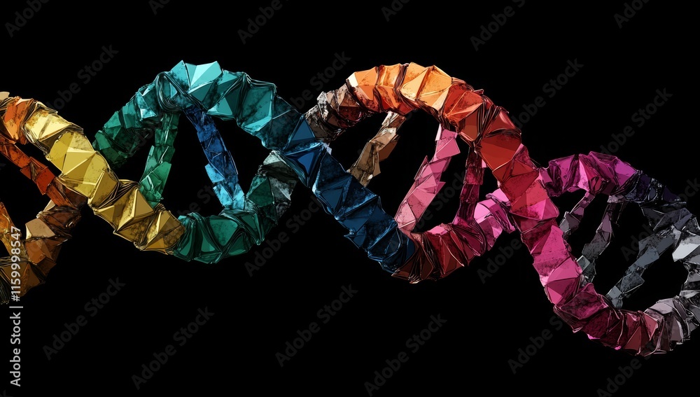 Poster colorful polygonal dna double helix structure on black background.