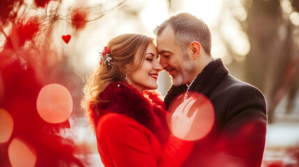 Fototapeta premium Romantic Couple Embracing in a Winter Wonderland with Heartfelt Connection : Generative AI