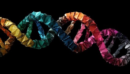 Colorful polygonal DNA double helix structure on black background.