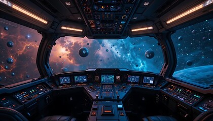 Spaceship Cockpit View Cosmic Nebula Glowing Planets Dark Blue