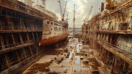 An enormous dry dock filled with ship hull sections, cranes and scaffolding dominating the view