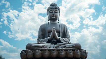 Obraz premium Serene Buddha Statue Against a Cloudy Sky Symbolizing Peace and Mindfulness in Zen Buddhism : Generative AI