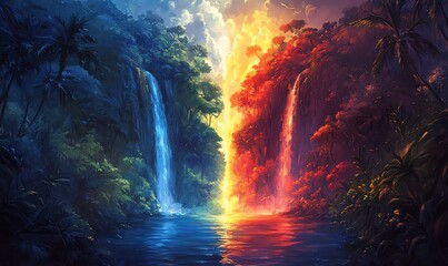 A vibrant landscape featuring dual waterfalls and lush tropical foliage.