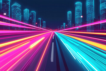 Vibrant neon lights streak through futuristic cityscape at night