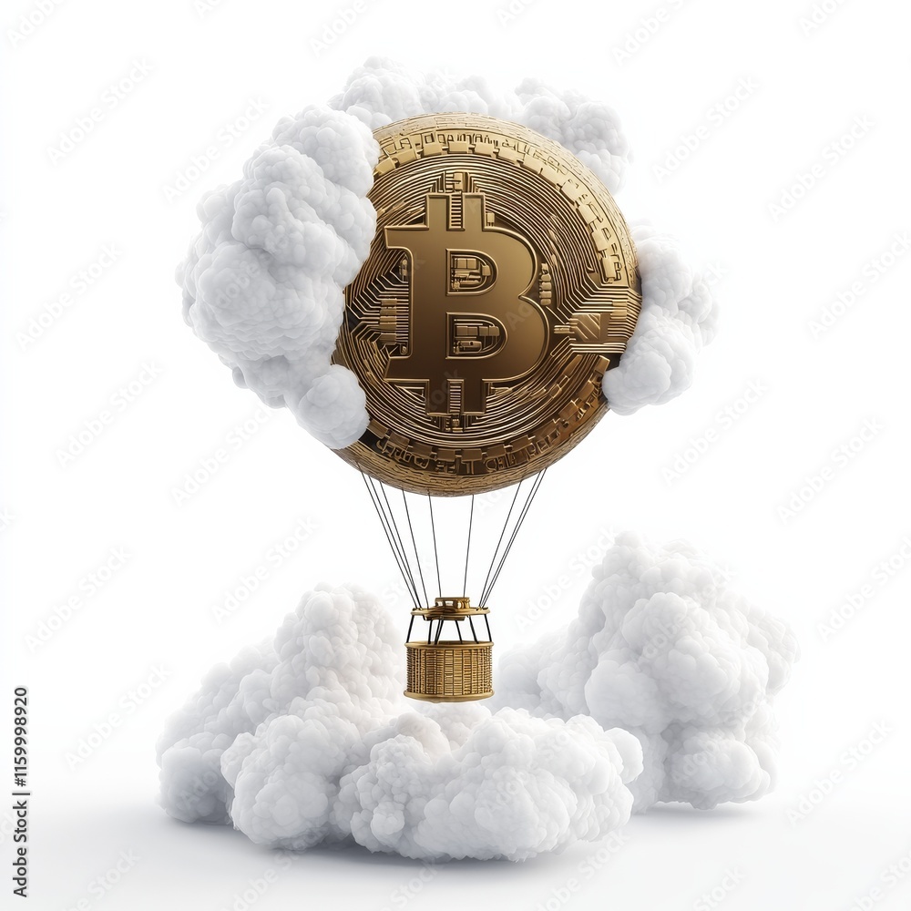 Fototapete bitcoin with hot air balloon surrounded by cloud isolated on white background,blockchain technology,