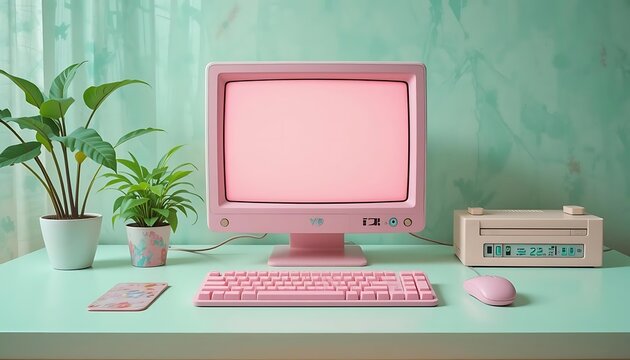 Pink Retro Computer Setup Pastel Desk Plants