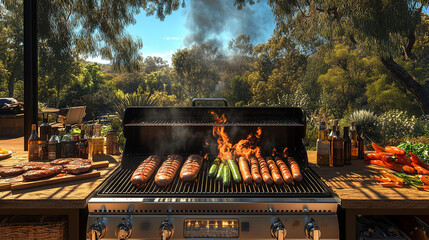 A sizzling Australian barbecue grill with sausages, steaks, and vegetables cooking over open flames, smoke rising into the sunny blue sky, with eucalyptus trees in the background