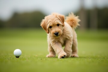Playful Golden Puppy Approaching Golf Ball on Green Field
