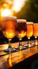 A row of colorful beer glasses glows in the warm sunset light, showcasing different shades of amber and golden hues.