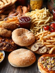 Assorted Fast Food including Burgers Fries Fried Chicken and Pizza on Rustic Table : Generative AI