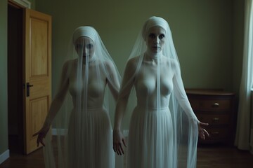 Eerie Twin Figures in Sheer Veils in Dimly Lit Room