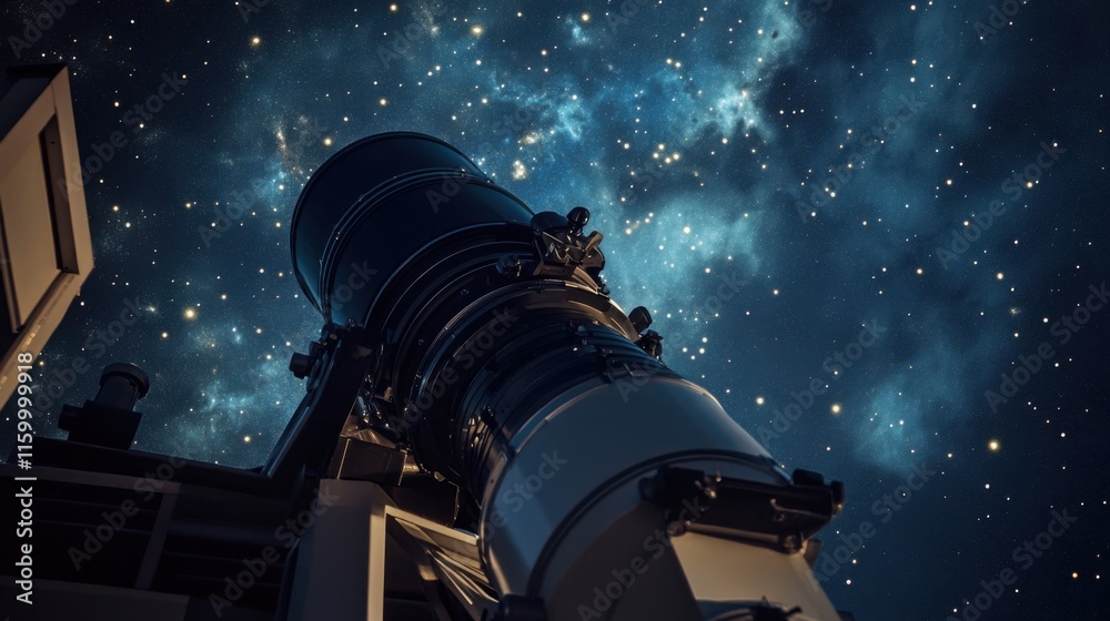 Poster a meticulously organized astronomy observatory, telescopes pointed towards a starry night sky, scien