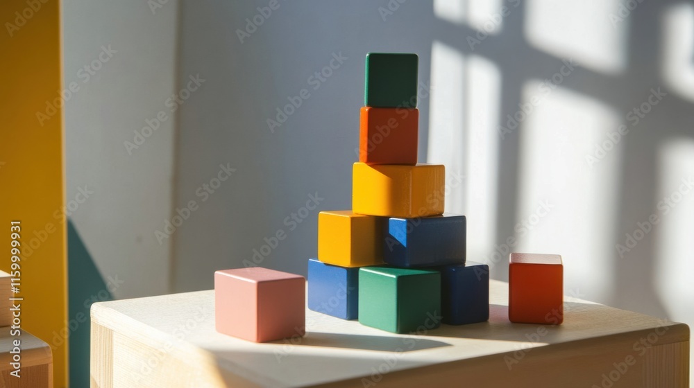 Poster A meticulously crafted block-building station within a minimalist studio, Vibrant blocks precisely positioned, Modern minimalist style