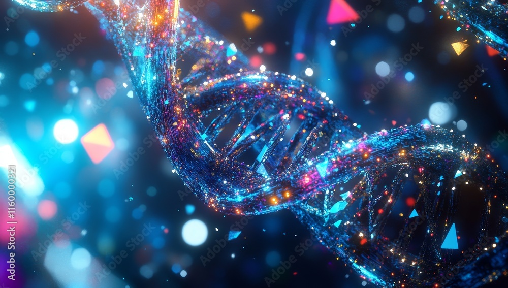 Poster glowing dna helix strand with colorful particles.
