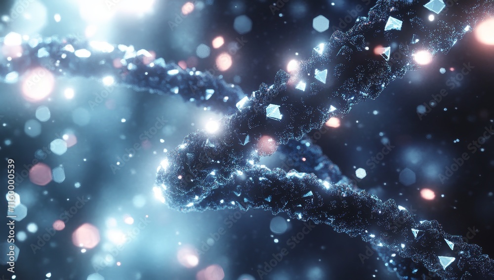 Poster glowing dna helix with crystalline structures.