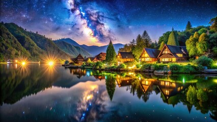 Fototapeta premium Night Photography of Parapat Village, Sumatra, Indonesia - Scenic Lake Toba, Starry Sky, Traditional Houses, and Serene Atmosphere Captured in Stunning Detail