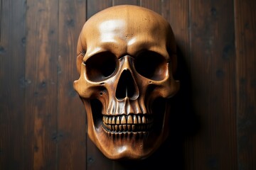 Realistic Wooden Skull Sculpture on Dark Wooden Background