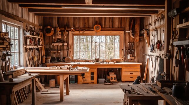 A meticulously organized woodworking shop with sawdust-covered benches, Tools hanging neatly against wooden walls, Traditional craftsmanship style
