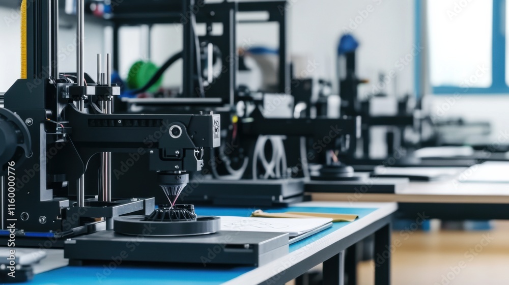 Poster A modern 3D printing lab with 3D printers and filament spools, Prototype models and technical drawings meticulously arranged, Innovative maker style
