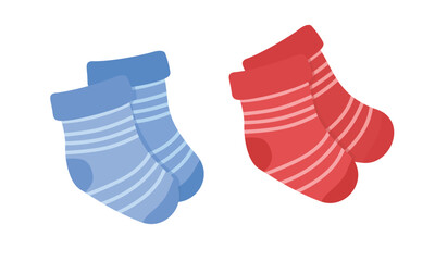 Baby socks vector illustration in cartoon style.  Newborn socks for boys and girls. Baby shower, baby clothing, baby element clipart in flat design isolated on a white background.