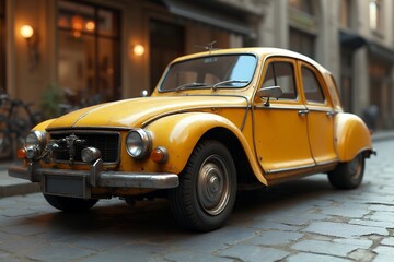 Vintage Yellow Car Parked on Cobblestone Street