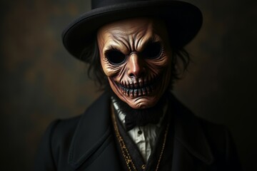 Mysterious Figure in Vintage Attire with Creepy Mask
