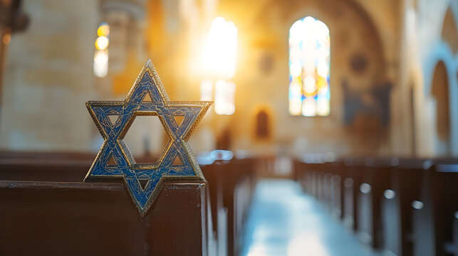 Star of David symbol on synagogue pews with stained glass background symbolizing spirituality and heritage : Generative AI