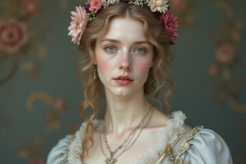 Elegant Young Woman in Floral Headpiece and Vintage Dress