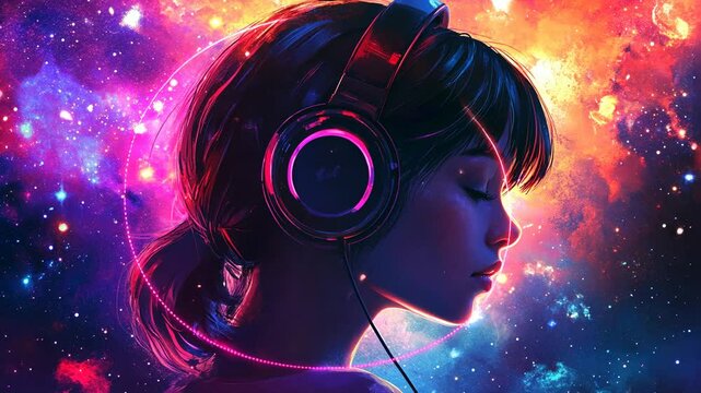 Beautiful girl with headphones on, listening to music against a background of colorful stars and galaxies in space. Digital art illustration, vector graphic design, lofi vibe