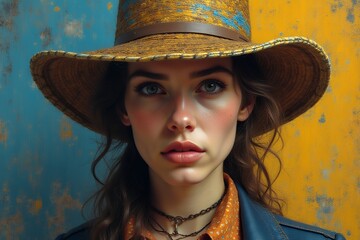Young Woman in Rustic Hat Against Colorful Background