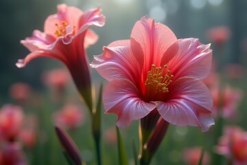 Close-up of Pink Flowers with Dewdrops in a Sunlit Field