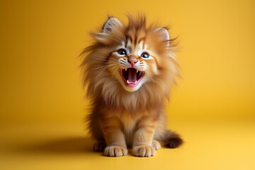 Cute Fluffy Kitten with Lion Mane on Yellow Background
