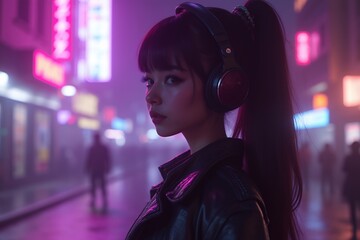 Young Asian Woman in Neon City Lights with Headphones