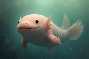 Smiling Axolotl Swimming Underwater in Soft Light