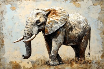 Fototapeta premium A large African elephant stands in textured gold tones.