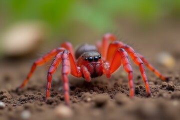 Close-Up of a Vibrant Red Spider on Soil