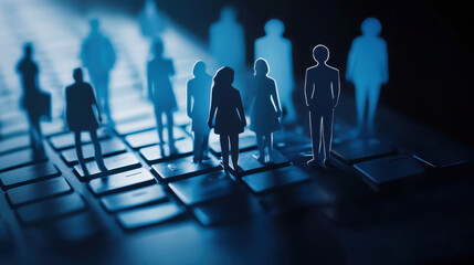 A paper cut-out of people standing on top of and around the keyboard, creating an iconographic representation for online community building