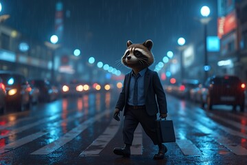 Business raccoon in a suit walking through a rainy city street