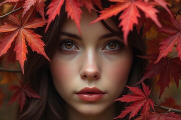 Young Woman Surrounded by Vibrant Red Autumn Leaves