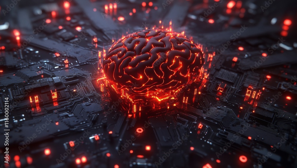 Poster glowing brain on a circuit board.