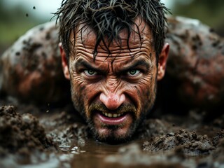Determined Man Covered in Mud During Outdoor Obstacle Course