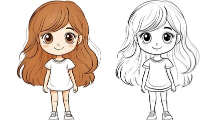 Chibi girl in vector cartoon style, ideal for coloring page