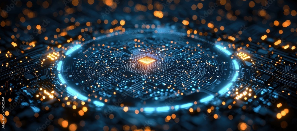 Poster a digital circuit with glowing elements, symbolizing technology and data processing.