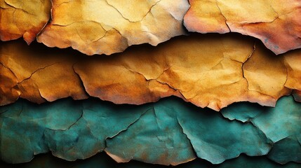 Abstract textured background of layered, crumpled, and aged papers in gold and teal tones.