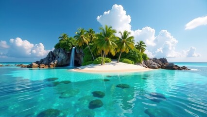Naklejka premium Secluded Tropical Island Paradise with Waterfall