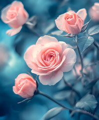 Exquisite Closeup of Pastel Pink Roses with Elegantly Soft Blue Background : Generative AI