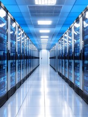 Sleek and Brightly Lit Data Center with Stateoftheart Equipment and Reflective Flooring Technology : Generative AI