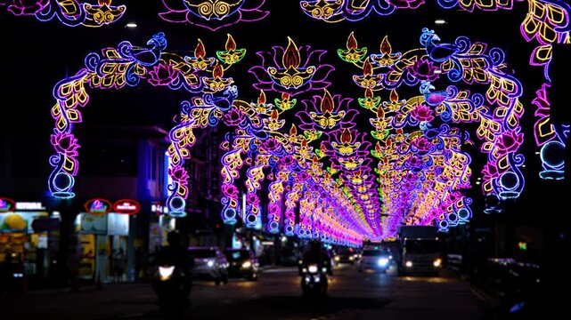 Beautiful Singapore Little India street light-up during the Deepavali / Diwali festive season. 4K quality video of Deepavali / Diwali Decorations.